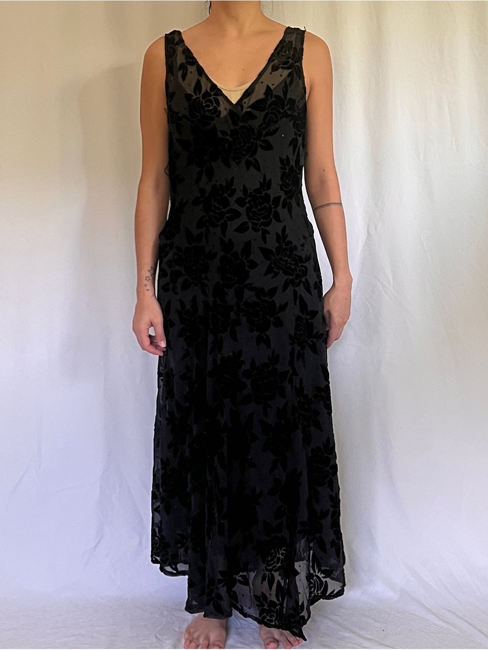 Robbie Bee Vintage 90s Black Floral Burnout Velvet Maxi Dress